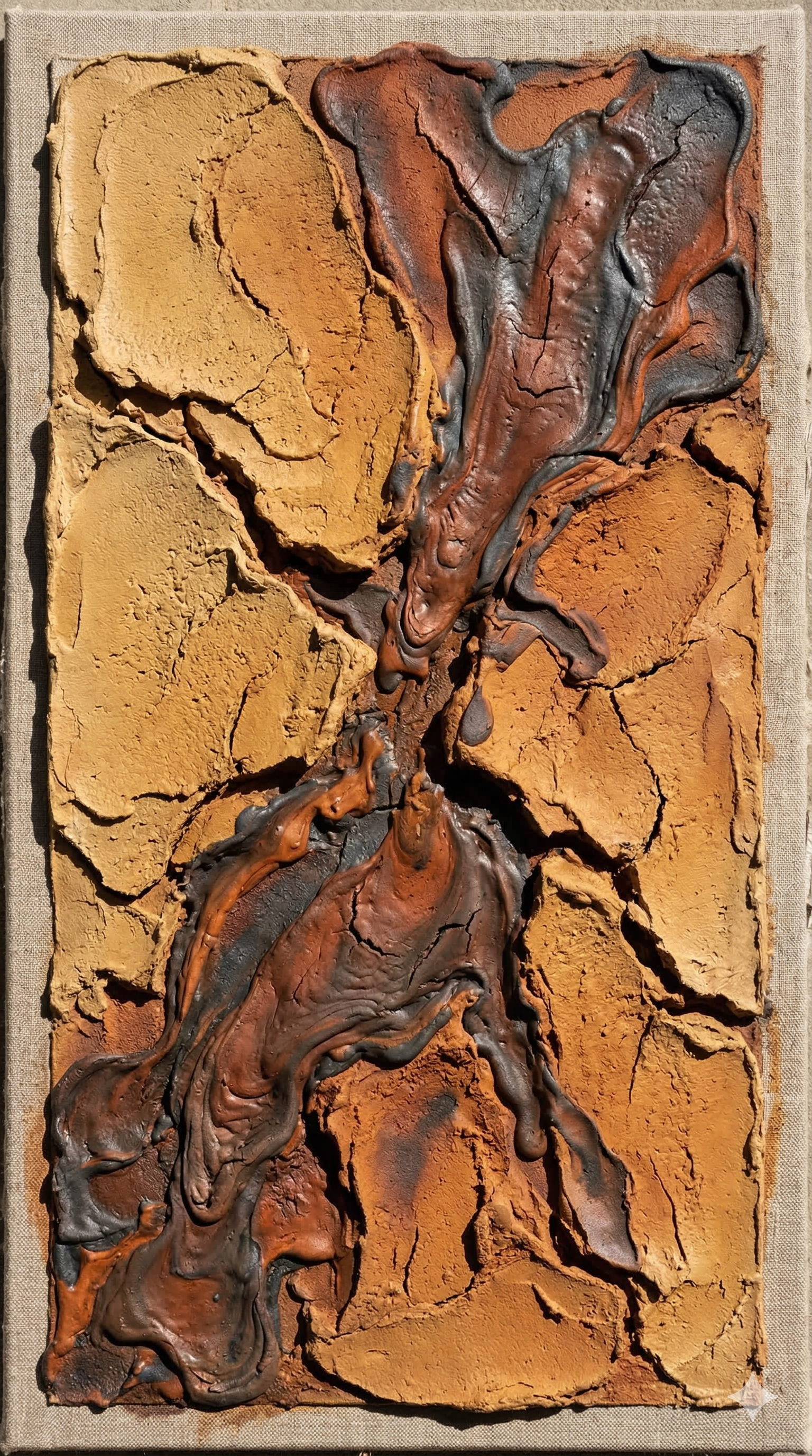 Dark sienna raw earth pigment abstract painting with relief surface — Sarah Smith, London