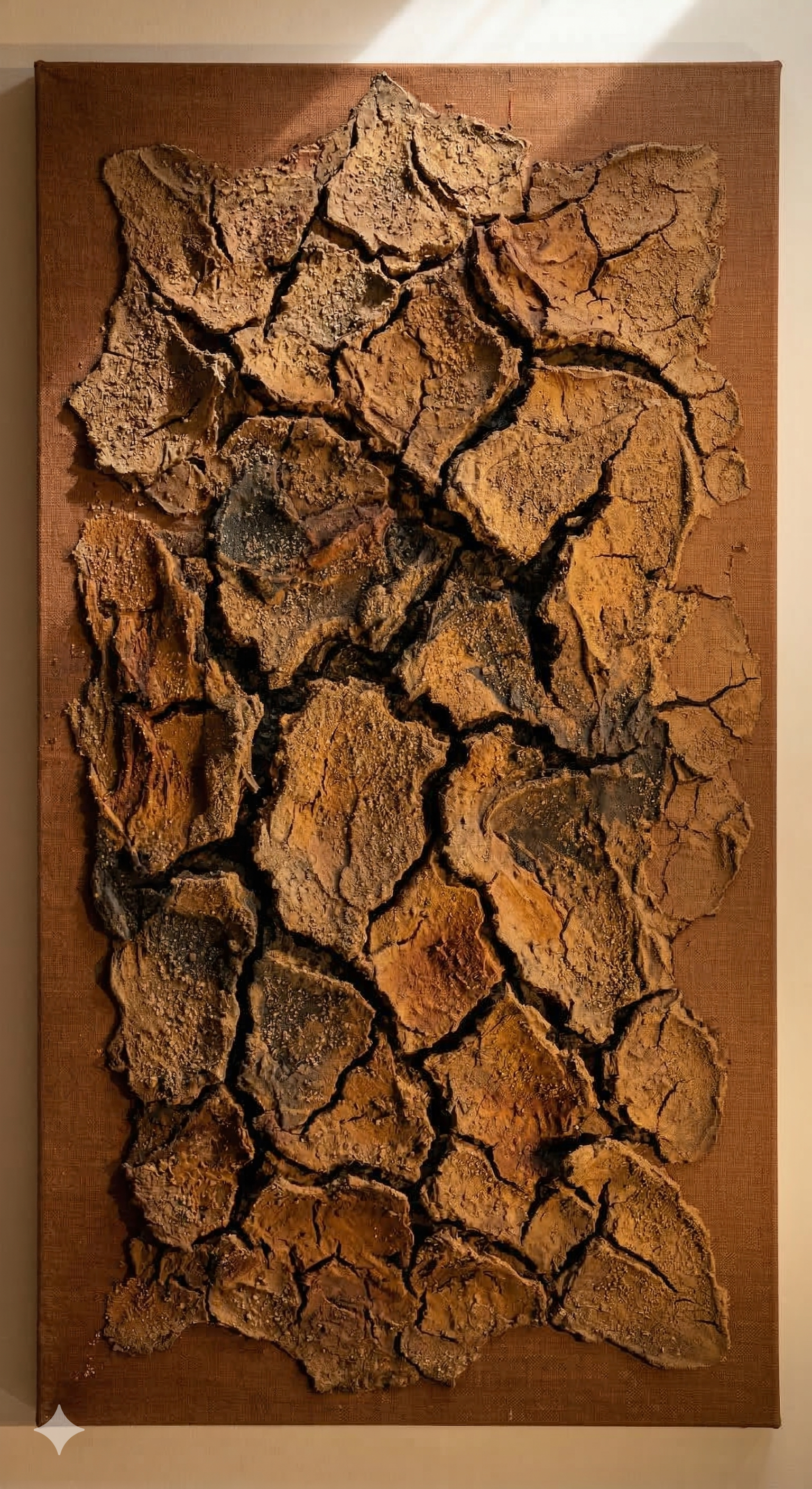 Large abstract topographic painting in ochre and sienna earth tones on linen — Untitled I, Sarah Smith